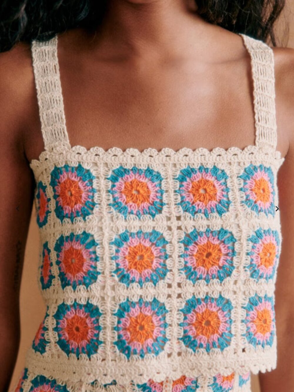 Sezane Salsa top Blue and pink with ecru crochet size S
